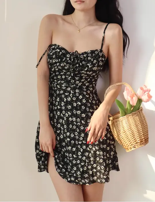 French fresh girl floral suspender skirt slim fit A-line holiday dress short skirt R2806