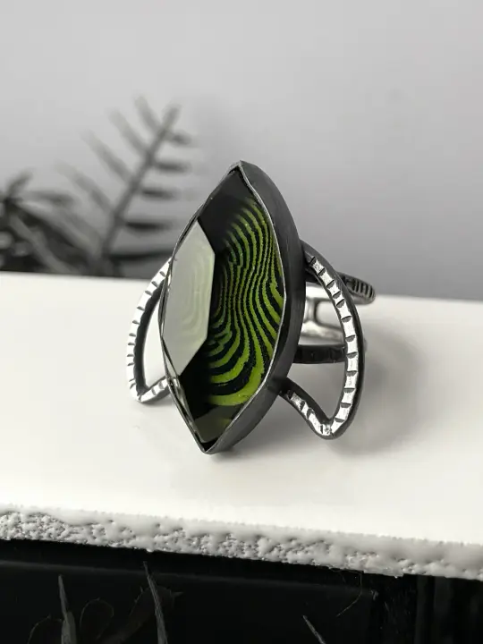 Psychedelic Glowing Glass Moon Ring - Size 8