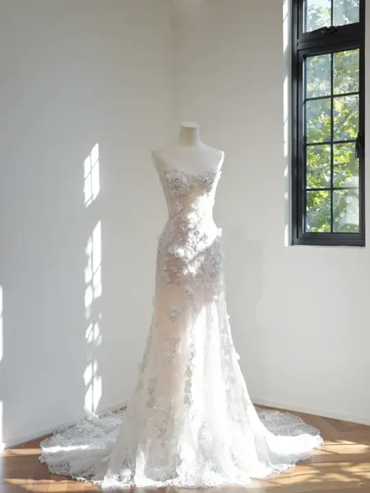 Off-white strapless fitted waist bodycon long ball gown, bridal dress R8453