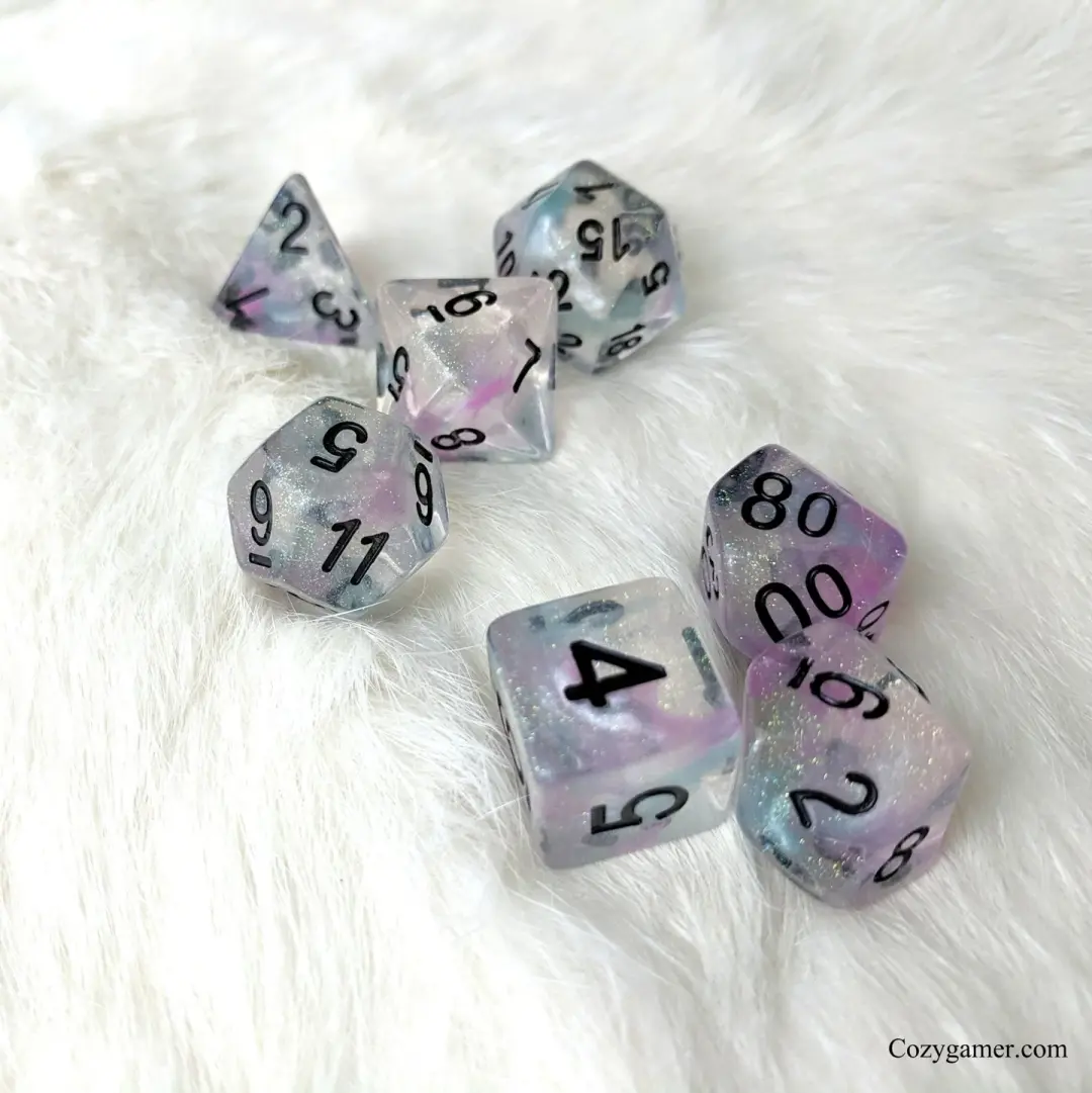 Pegasus Dice Set – 7-Piece Purple Blue Translucent Glitter Pearly Ink DnD Dice