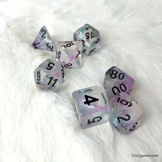 Pegasus Dice Set – 7-Piece Purple Blue Translucent Glitter Pearly Ink DnD Dice