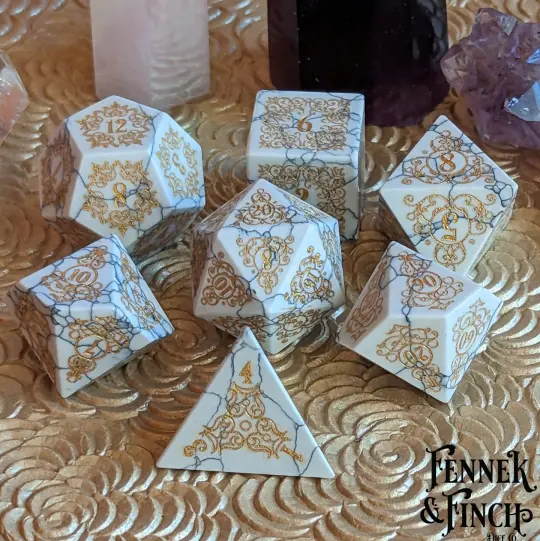 Garden Gate White Howlite Gemstone Dice Set – 7-Piece DnD Dice | Fennek & Finch