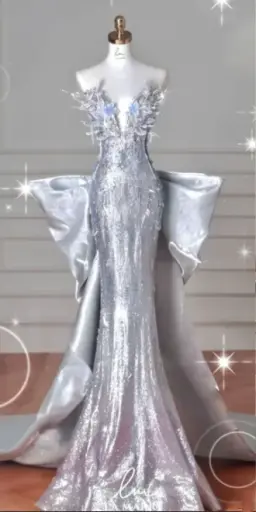 Silver strapless, fitted waist, sequined fishtail sexy long ball gown R6424