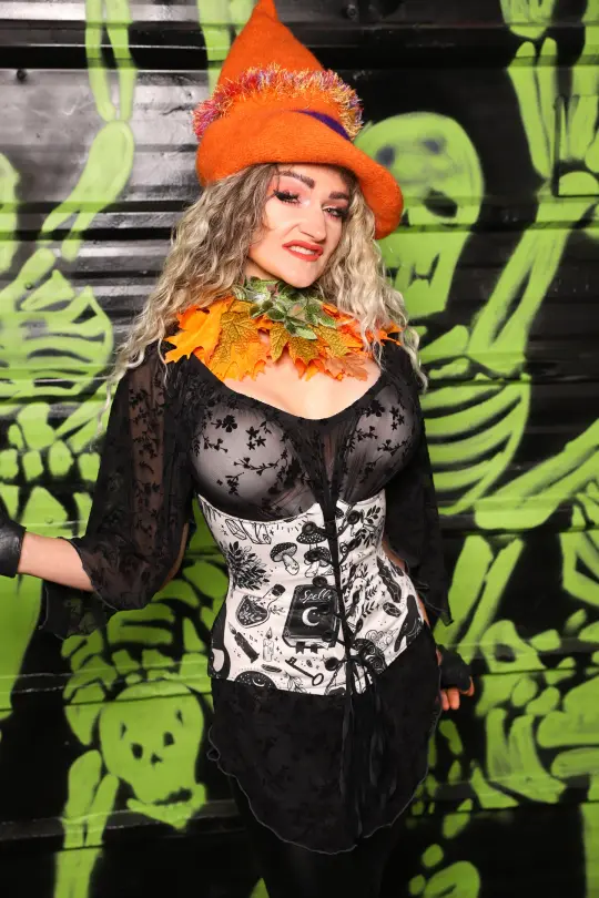 Petite Wench Corset in Black Damask Jacquard w/front panels in Spell Book Witch - Spooky Saturday Part 8