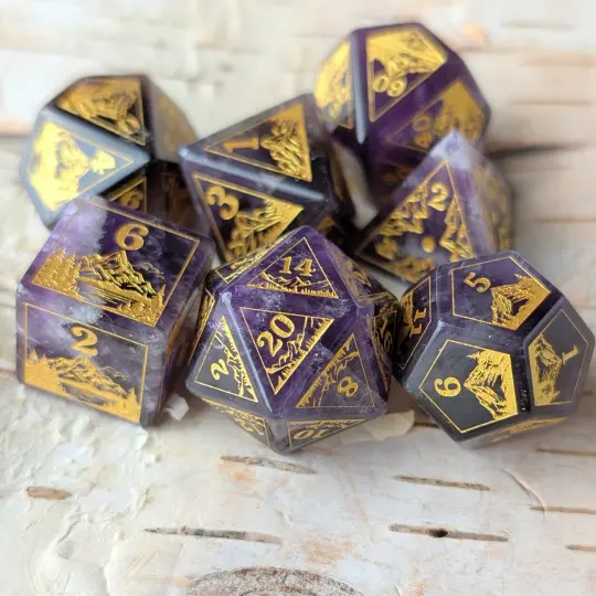 Everwild Amethyst Gemstone Dice – Forest & Mountain Etched 7-Piece Set | Fennek & Finch