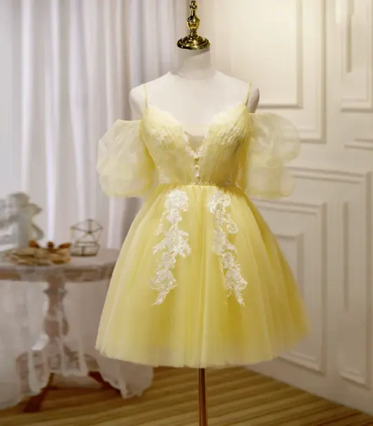 Vibrant Yellow Homecoming Dress ,Tulle Embroidered Corset Short Prom Dress Cami Dress RS1681