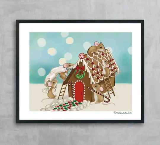 Mice Gingerbread House Construction Crew Fine Art Print, Wholesale