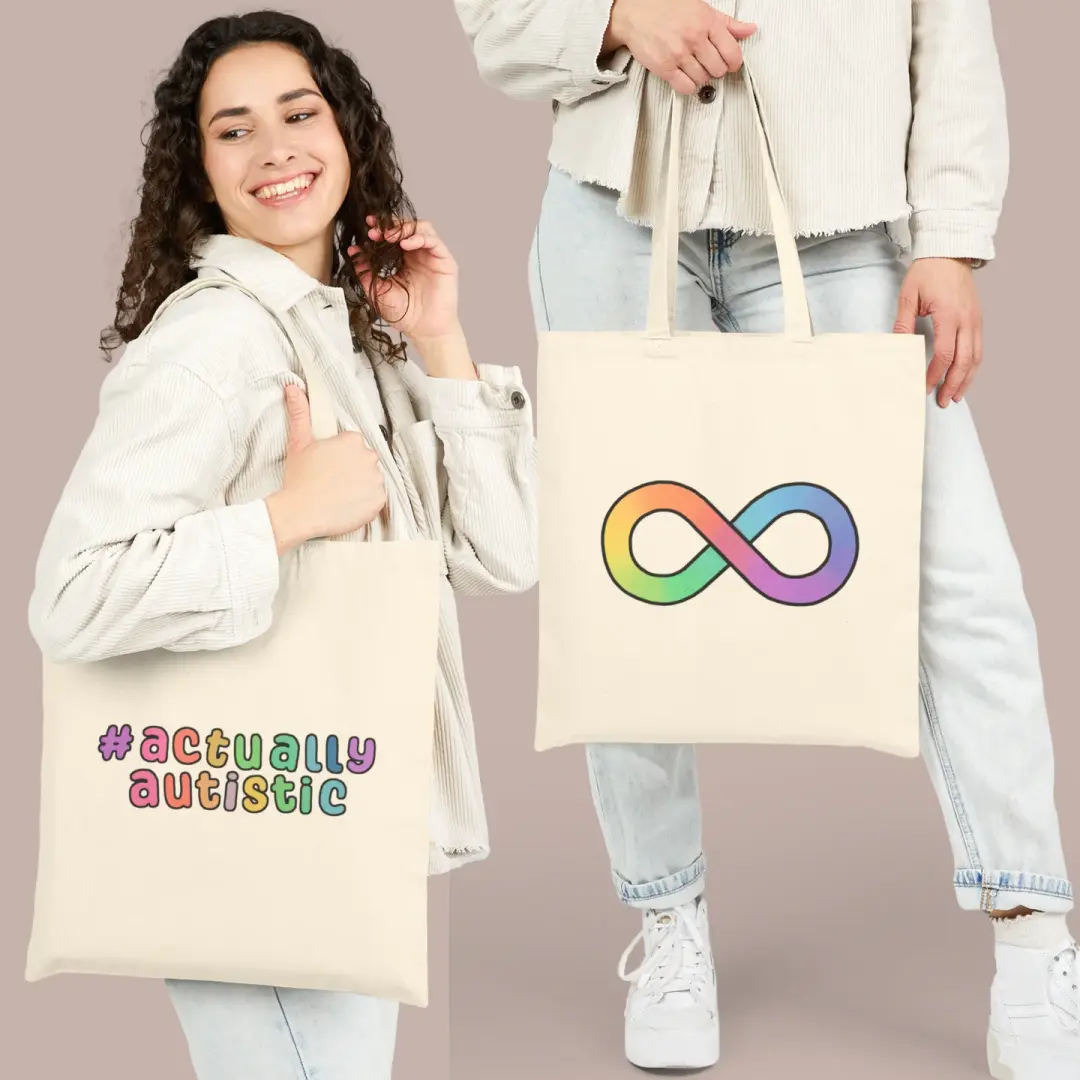 Actually autistic/ autism infinity symbol tote bag