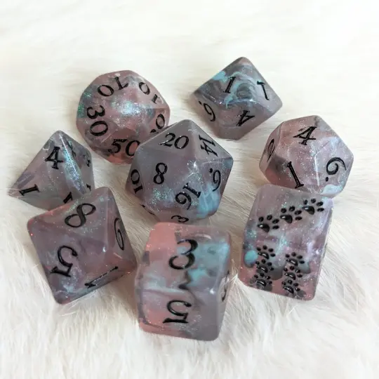 Dissonant Whispers Dice Set – 8-Piece Black Blue Shimmer DnD Dice with Paw D6 | Fennek & Finch