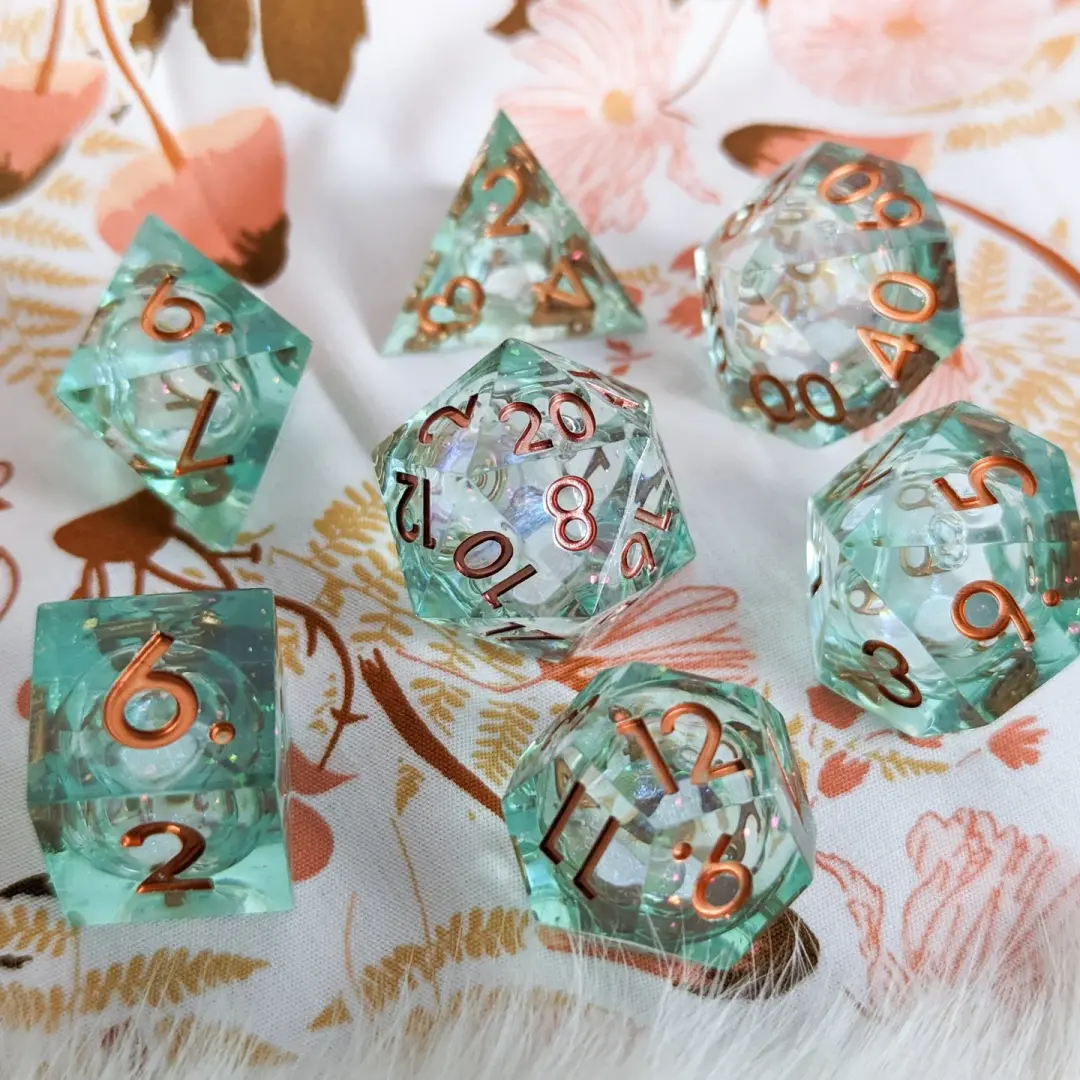 Seafoam Liquid Core Sharp Edge Dice Set – 7-Piece Pale Green Shimmer DnD Dice