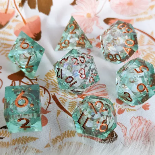 Seafoam Liquid Core Sharp Edge Dice Set – 7-Piece Pale Green Shimmer DnD Dice