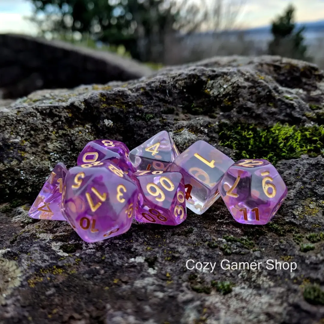 Witch Blood Dice Set – 7-Piece Clear Purple Ink Swirls Polyhedral DnD Dice