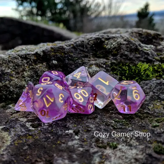 Witch Blood Dice Set – 7-Piece Clear Purple Ink Swirls Polyhedral DnD Dice