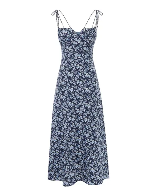 French retro floral suspender dress 2025 new holiday navy blue long dress R2591