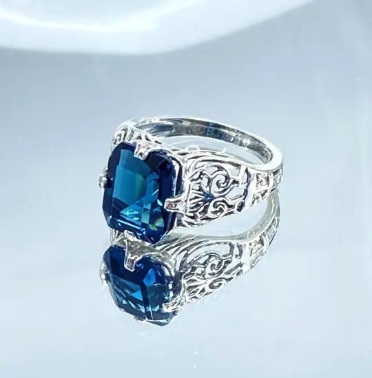 London Blue Topaz Ring, Size 7, with Silver Victorian Scroll Filigree D46 - Ready to Ship