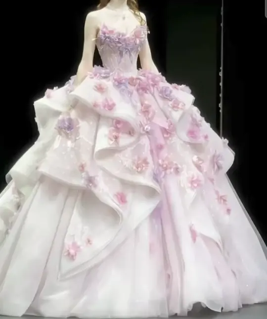 Dreamy Pink Prom Gown , Puffy 3D Floal Pleated Corset Maxi Quinceanera Dress Ball Gown RS1715