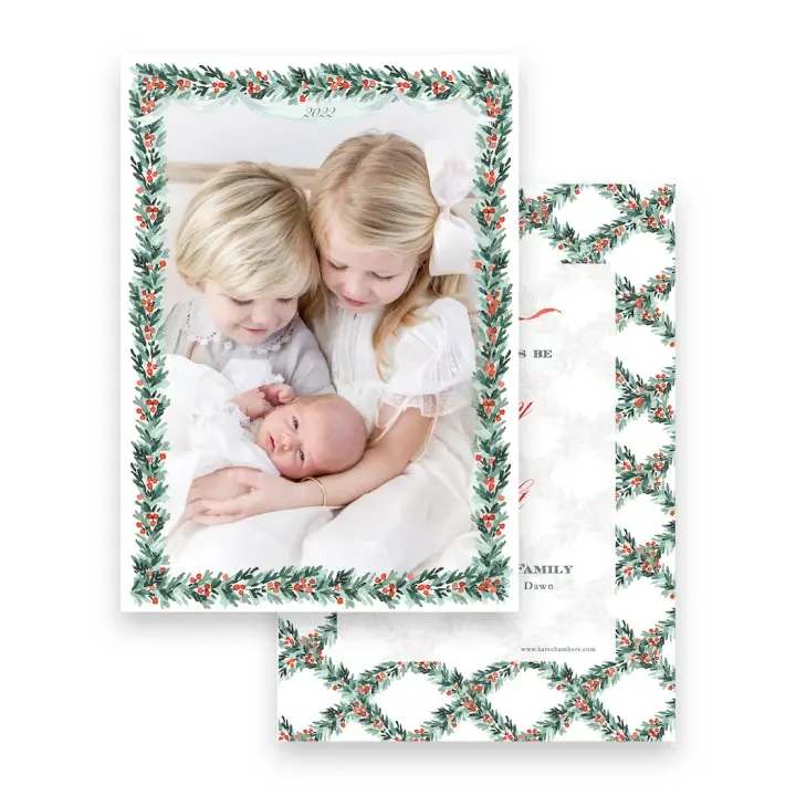 Watercolor Red Berry Pine Garland with Lattice Border Portrait Holiday Card