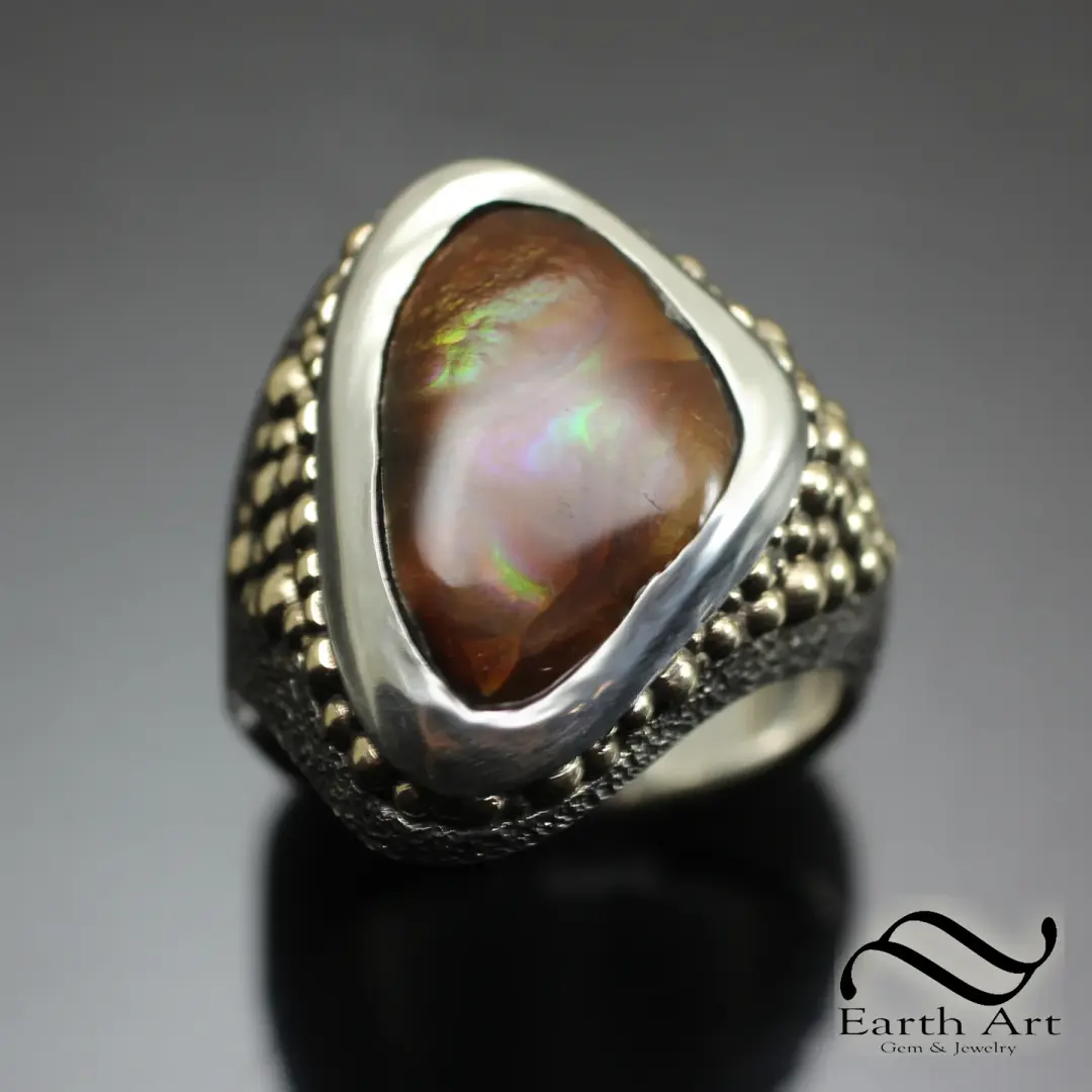 Fire agate Signet in Sterling and 14k Gold