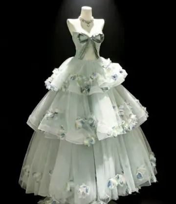 Dreamy Green Ruffled Prom Gown , Pretty Tulle 3D Floral Maxi Evening Dress RS1345