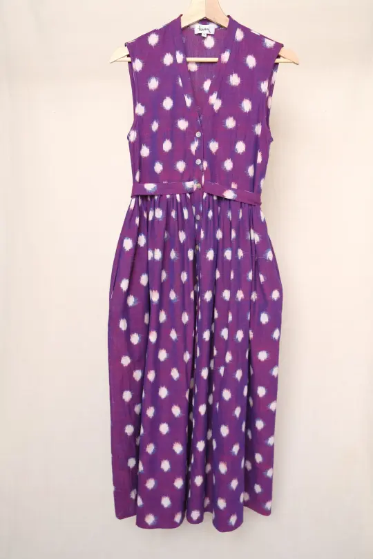 PERLA dress in the eggplant cross-colored polka dots ikat fabric -S, XL