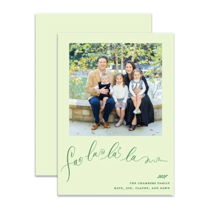 "Fa La La La" Portrait Green on Green Foil Printed Photo Attached Holiday Card