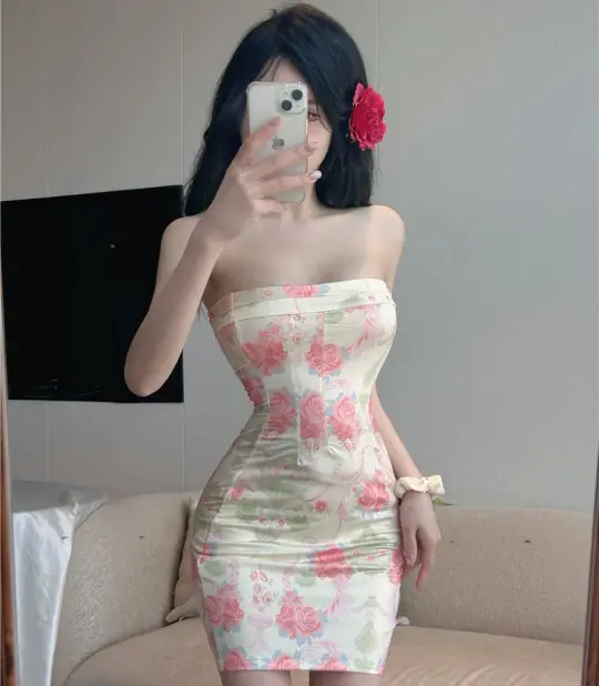 Fashionable and sexy one-shoulder floral tube top dress French style backless tight slimming hip skirt R3750