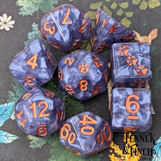 Ceanothus 8 Piece Dice Set – Clear Resin Blue Violet Clouds Copper Font DnD