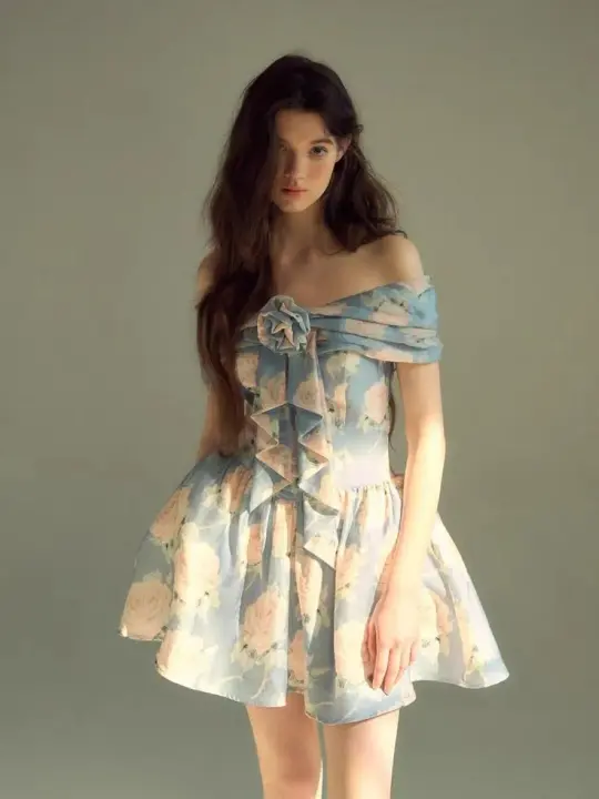 Retro gray blue one shoulder waist sexy mini skirt homecoming dress R3128