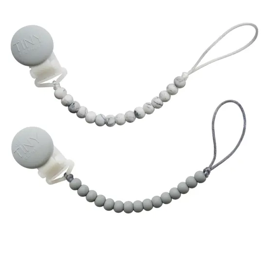 Tiny Teethers Designs Baby Boys and Baby Girls 2 Pack Signature Silicone Teether Beaded Pacifier Clip, Gray & Marble