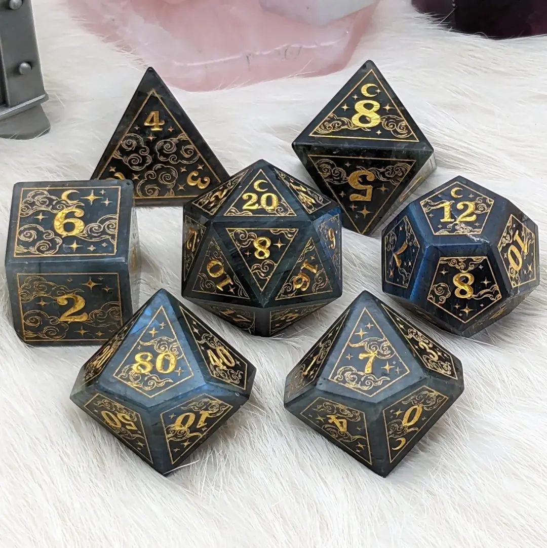 Dreamy Labradorite Dice Set – Cloud and Moon Engraved Gemstone DnD Dice | Fennek & Finch