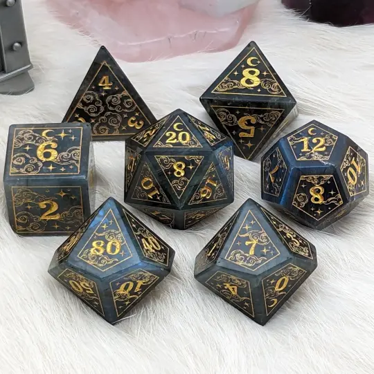 Dreamy Labradorite Dice Set – Cloud and Moon Engraved Gemstone DnD Dice | Fennek & Finch