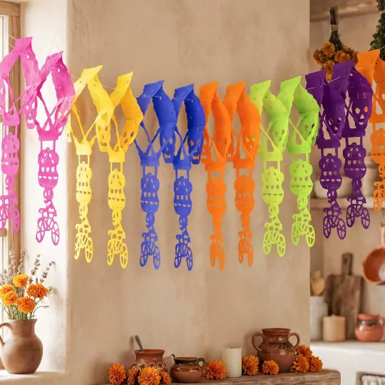Colorful Calaca on a Bike Papel Picado Banner