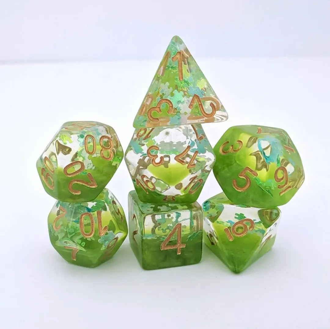 Elven Riddle Dice Set – 7-Piece Green Translucent Puzzle Piece Glitter DnD Dice