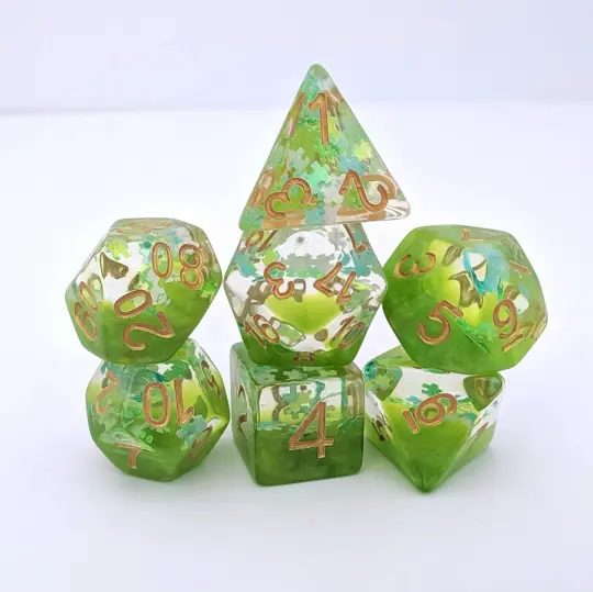 Elven Riddle Dice Set – 7-Piece Green Translucent Puzzle Piece Glitter DnD Dice