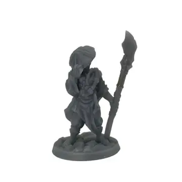 Unpainted 32mm 3D-printed turbaned monk telling prayer beads beside a tall broad-bladed stave — tabletop RPG miniature for D&D, Pathfinder & wargaming