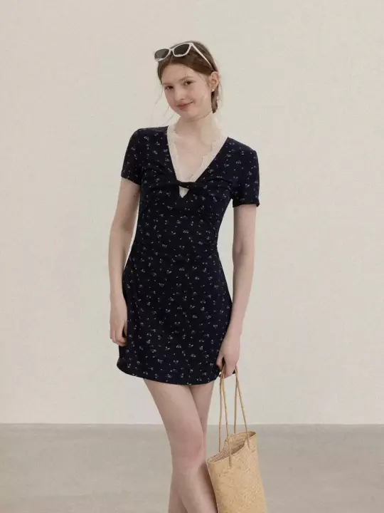 Casual Short Sleeve Floral Dress with Elastic Waist R9169
