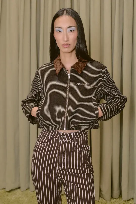 Canvas Construction Crop Jacket Brown Thin Railroad Stripe