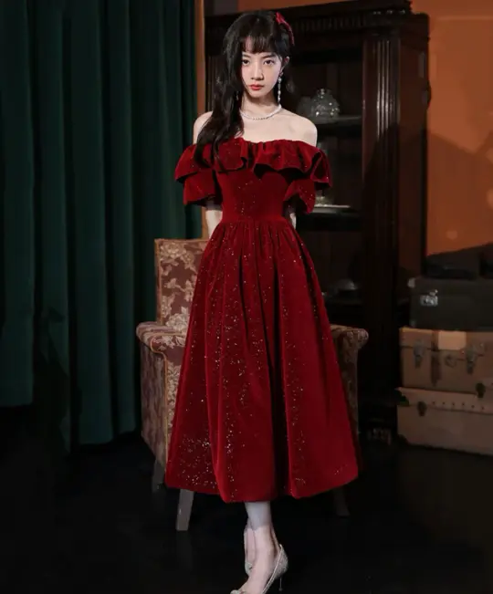 Sparkly Burgundy Prom Gown , Satin Glitter Sequins Corset Midi Evening Dress RS1728