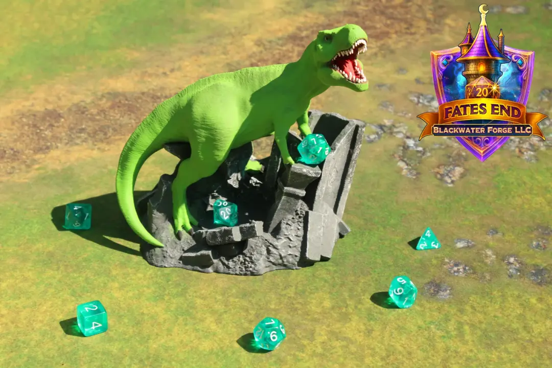 T-Rex 3D Printed Dice Tower – Fate's End Collection by Kim Bolt - Unleash Prehistoric Power!