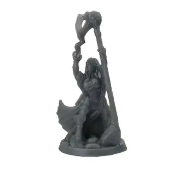 Unpainted 32mm 3D-printed female wizard with both arms raised holding a crescent-headed stave overhead — tabletop RPG miniature for D&D, Pathfinder & wargaming