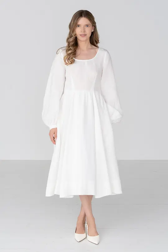 Carmen – Linen Midi Dress with Long Sleeves