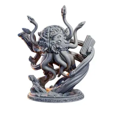 Xylar'th Giant Brain Aberration Miniature - Unpainted Resin. Massive boss-scale elder brain monster model on a 75mm base for TTRPGs like D&D or Pathfinder. This highly detailed floating intellect horror features multiple eyes, crystal-tipped tentacles, and ruined columns. Lava Forge collection.
