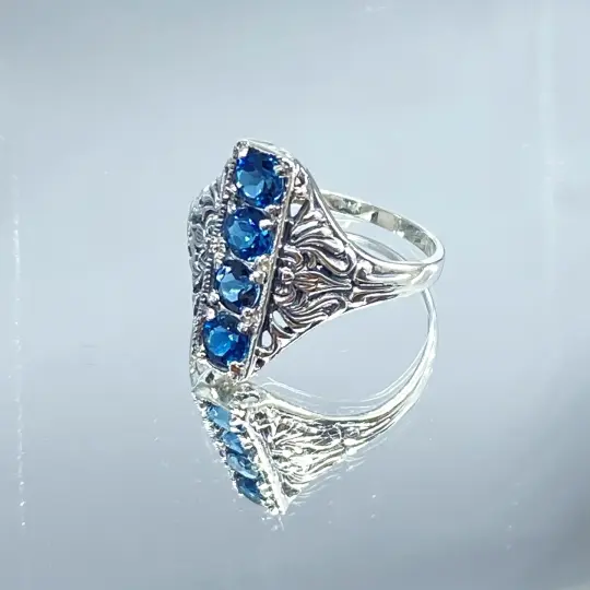 London Blue Topaz Ring, Size 7, Round Four Gem Victorian Swirl Filigree D72 - Ready to Ship