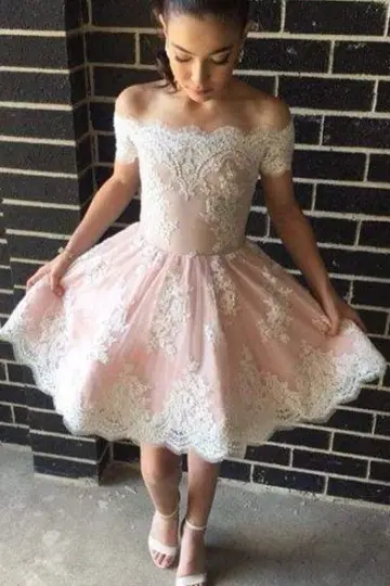 Lace Embroidered Bateau Corset Homecoming Dress , Pink Women's Short Prom Dress Birthday Dress RS2234