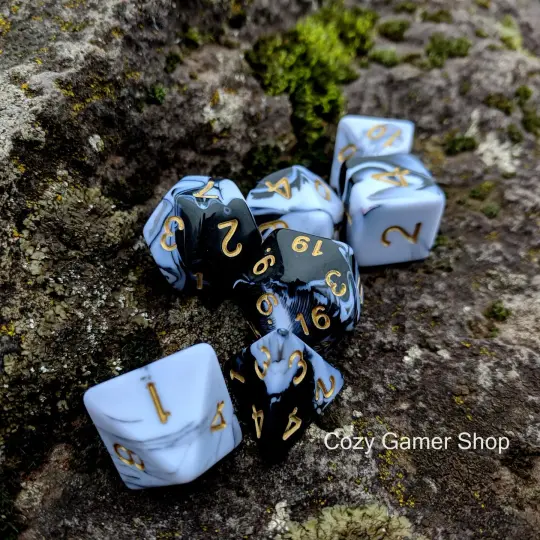 Black & White Marble Dice Set – Marbled Acrylic with Gold Font