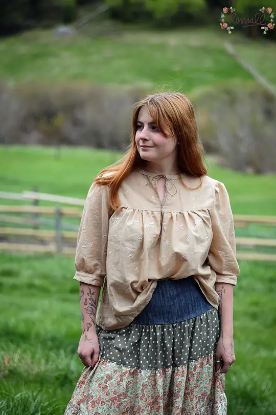 Embroidered Cotton Peasant Blouse in Sand-Large