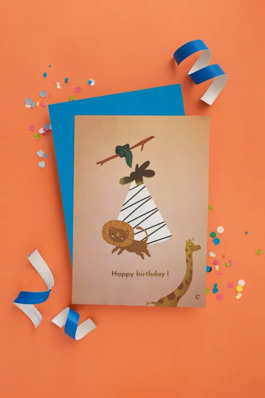 Carte postale illustrée & dorée "Happy birthday kids" pink