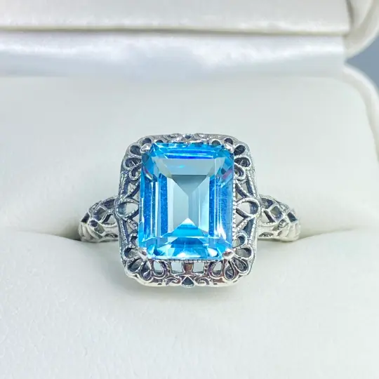Natural Blue Topaz Ring, Size 7.5, Vintage Filigree, Victorian Revival Jewelry, D150 - Ready to Ship