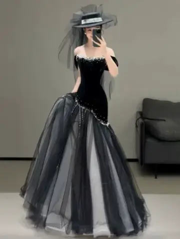 French Chic Black Prom Gown , Glitter Tulle Beaded Maxi Evening Dress RS1358
