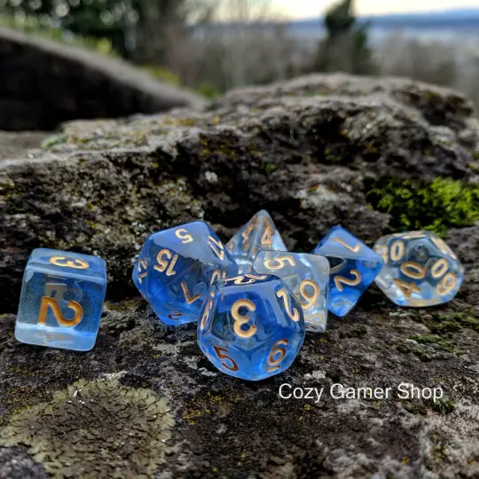 Ice Shift Dice Set – Clear with Suspended Blue Ink & Winter Magic